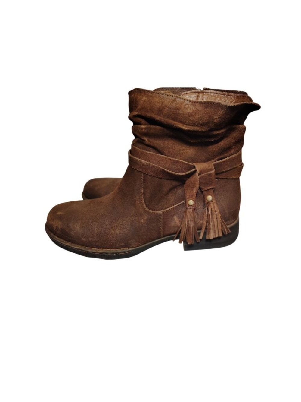 Born NOS Brown Leather Ankle Boots, Size 9M Side Zip Tassel Scrunched Distressed
